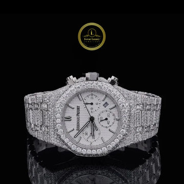 Full Iced Out Round Cut Diamond Chronograph Watch with Silver Dial and Pavé Link Bracelet