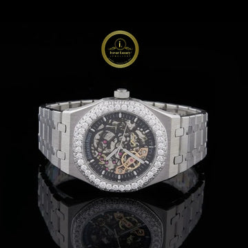 Round Cut Diamond Bezel Skeleton Dial Octagonal Watch with Steel Link Bracelet