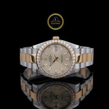 Round Cut Diamond Bezel Two-Tone Datejust Style Watch with Oyster Band