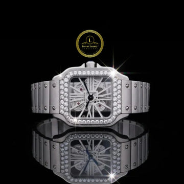 Round Cut Diamond Bezel Skeleton Santos Style Watch with Screw Link Bracelet
