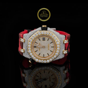 Half Iced Out Diamond Watch with Round Diamond Bezel & Red Camo Rubber Strap