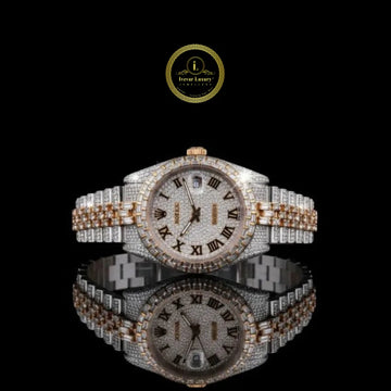 Full Iced Out Two-Tone Day-Date Watch with Roman Diamond Dial & Baguette Bezel