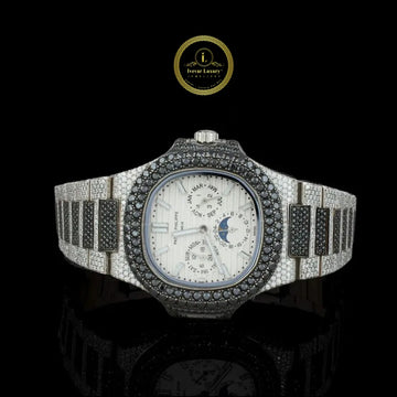 Black Diamond Annual Calendar Moonphase Watch with Pavé Bracelet & White Gold Finish
