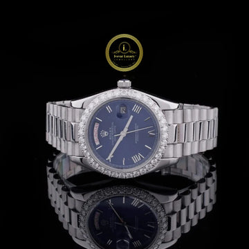 Round Cut Diamond Bezel Blue Day-Date Dial Watch with President Link Bracelet
