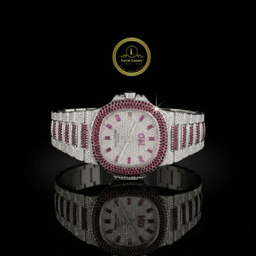 Full Iced Out Diamond Watch with Ruby Bezel & Pink Baguette Dial Markers