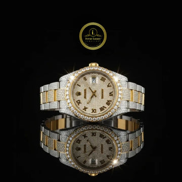 Full Iced Out Diamond Date Watch with Roman Numeral Dial & Two-Tone Links