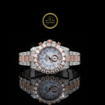 Full Iced Out Two-Tone Diamond Watch with Large Diamond Bezel & Multi-Function Dial
