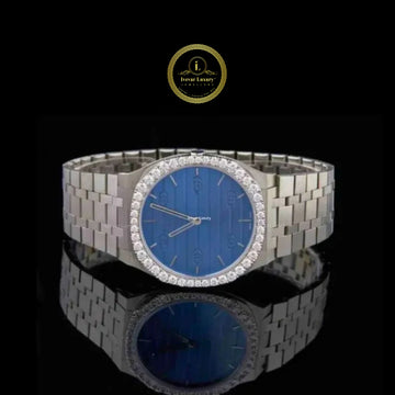Round Cut Diamond Bezel Blue Dial Dress Watch with Multi-Link Bracelet