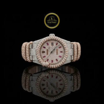 Full Iced Out Two-Tone Diamond Watch with Ruby Markers & Rope Link Band