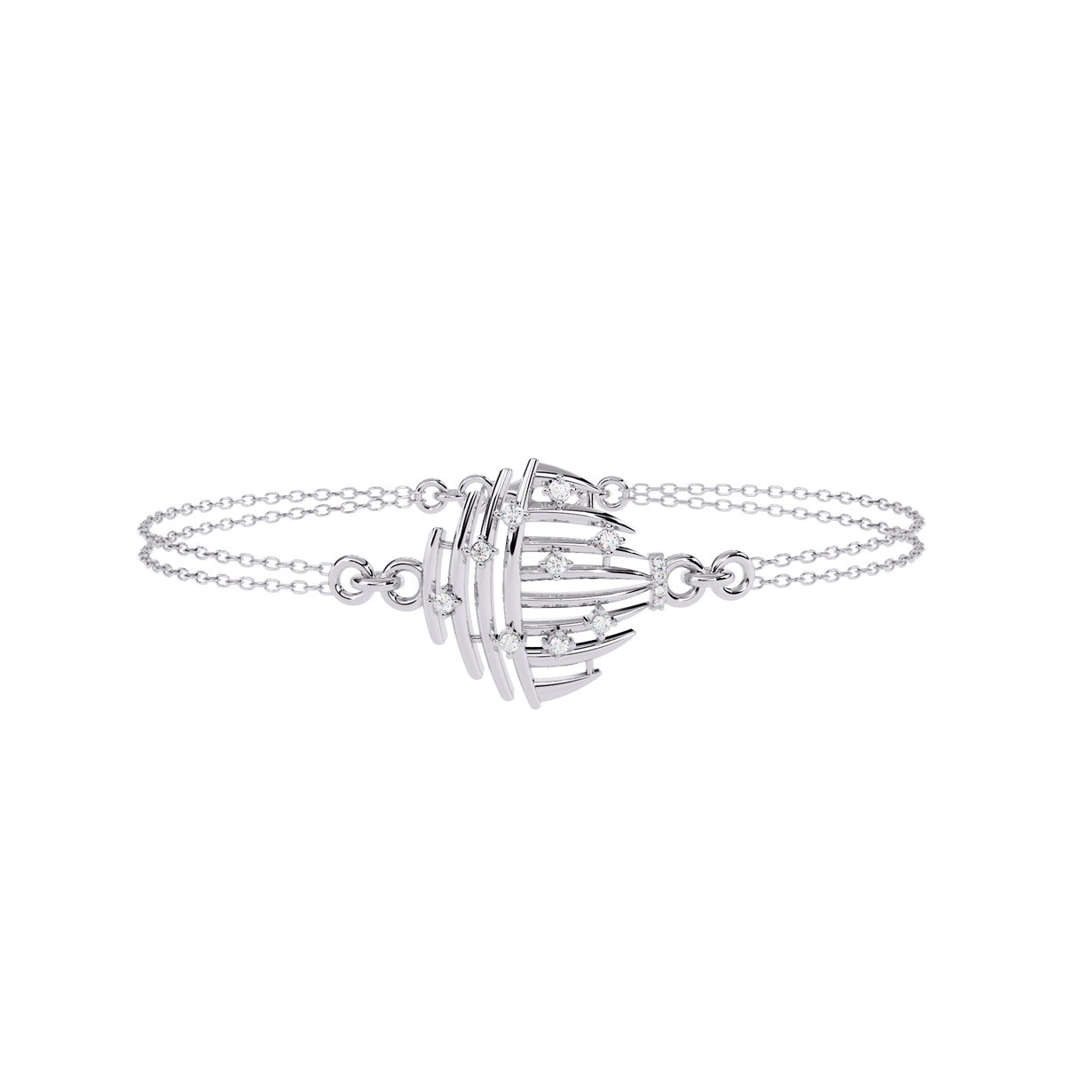 Round Cut Moissanite Diamond Curved Motif Double Chain Bracelet - View 4