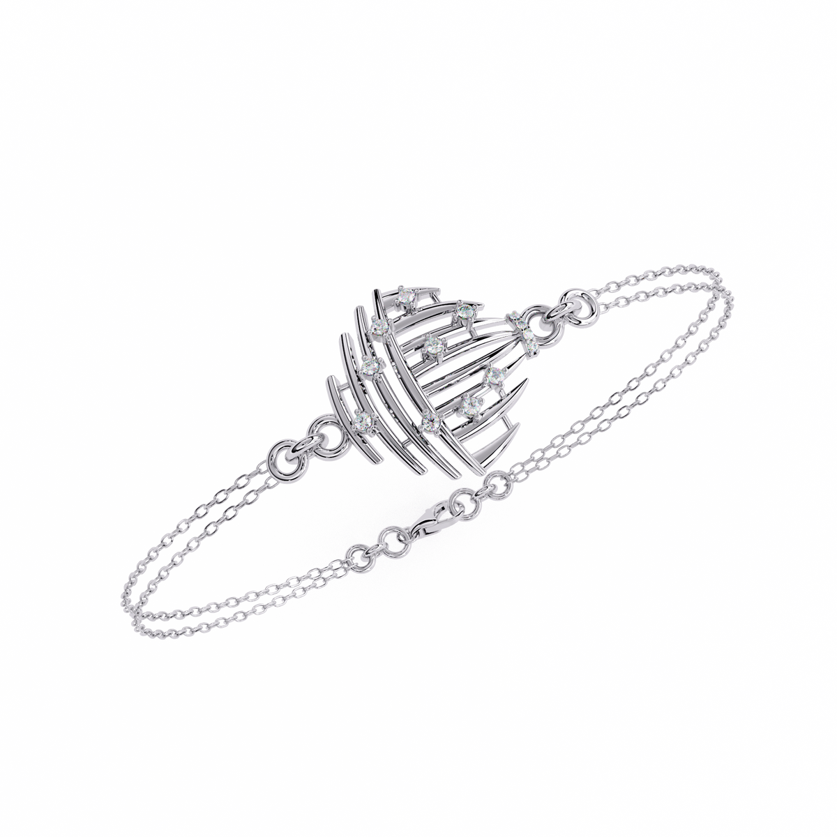 Round Cut Lab Diamond Curved Motif Double Chain Bracelet - View 10