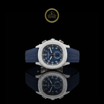Elegant Blue Rubber strap half iced Lab Grown Diamond Luxury Watch with Sparkling