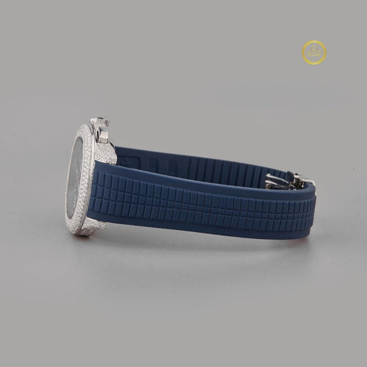 Elegant Blue Rubber strap half iced Lab Grown Diamond Luxury Watch with Sparkling