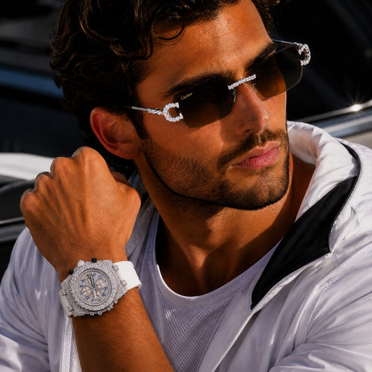 Ivevar Diamond Monarch Collection Full Pavé Luxury Chronograph Watch And Signature Moissanite Diamond Eyewear Set