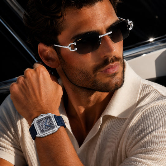 Royal Skeleton Moissanite Diamond Collection Luxury Open Work Timepiece And Signature Diamond Eyewear Set
