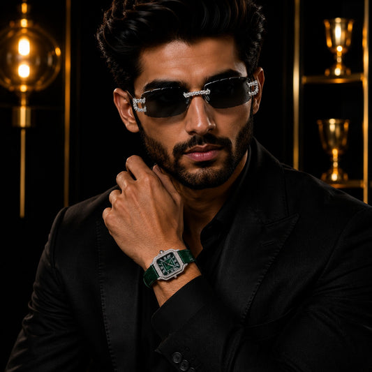 Prestige Collection Luxury Green Dial Timepiece And Signature Moissanite Diamond Eyewear Set