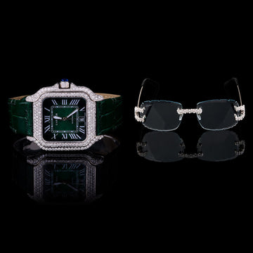 Prestige Collection Luxury Green Dial Timepiece And Signature Moissanite Diamond Eyewear Set