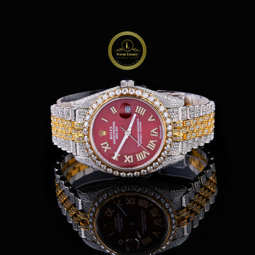 Diamond Iced Two Tone Luxury Bracelet Timepiece with Royal Red Dial  Lab Grown Diamond By Ivevar