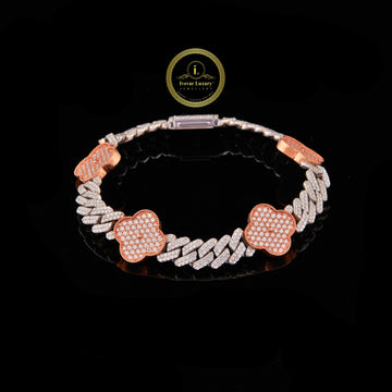 Luxury Two Tone Lab Grown Diamond Cuban Bracelet with Clover Accents Hip Hop Jewelry