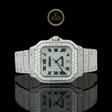 Full Iced Out White Gold Santos Watch with Diamond Dial & Roman Numerals
