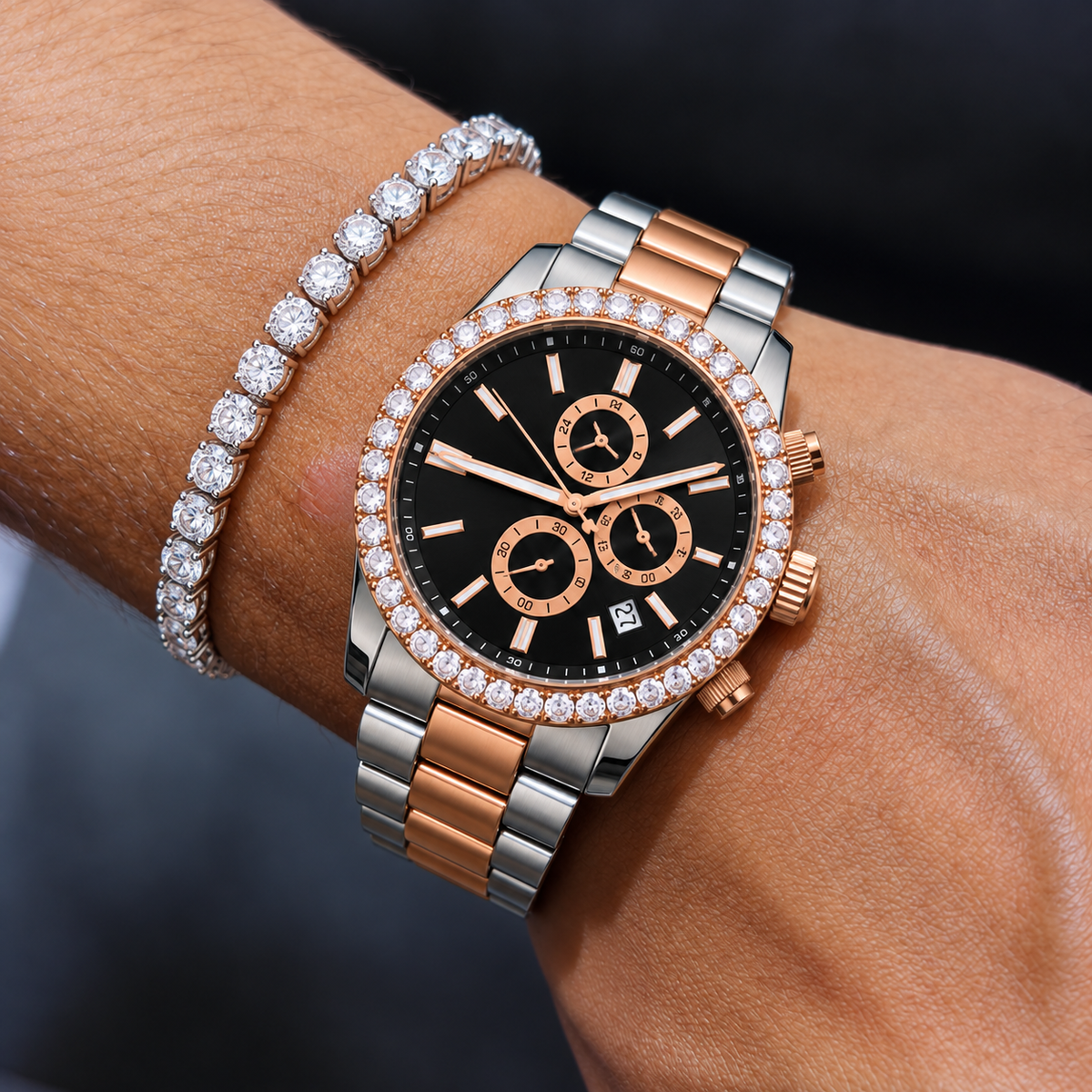 Two Tone Diamond Bezel Watch & Tennis Bracelet Set