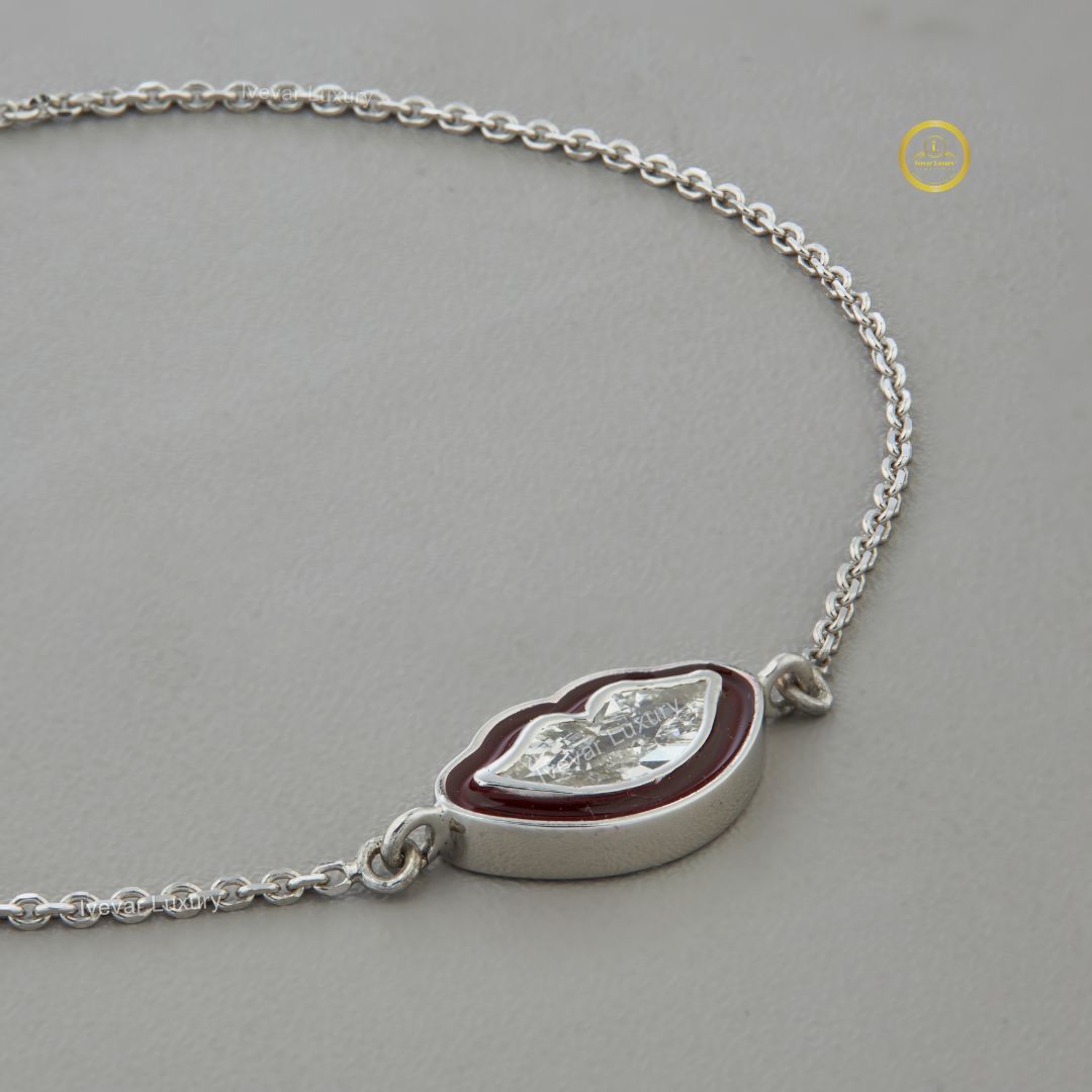 Antique Cut Lab Diamond Red Enamel Slice Delicate Chain Bracelet - View 2