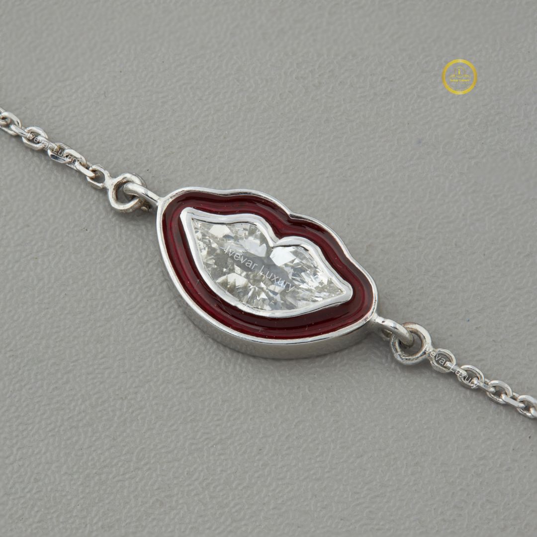Antique Cut Lab Diamond Red Enamel Slice Delicate Chain Bracelet - View 3