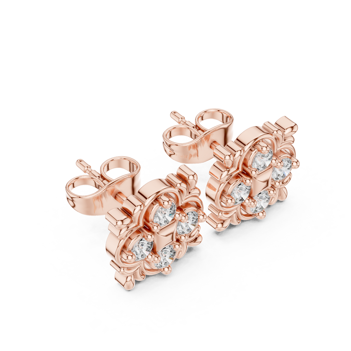 Leaf Frame and Four Petal Round Lab Diamond Cluster Stud Earrings - View 5