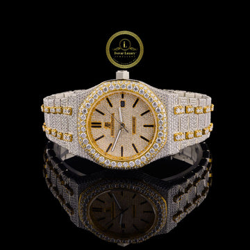 Full Iced Out Diamond Watch with Yellow Gold Accents & Pavé Diamond Bracelet