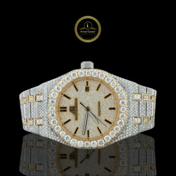 Full Iced Out Two-Tone Royal Oak Style Watch with Diamond Dial & Baton Markers