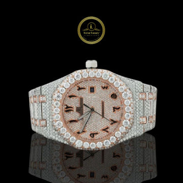 Full Iced Out Two-Tone Day-Date Diamond Watch with Arabic Numeral Dial