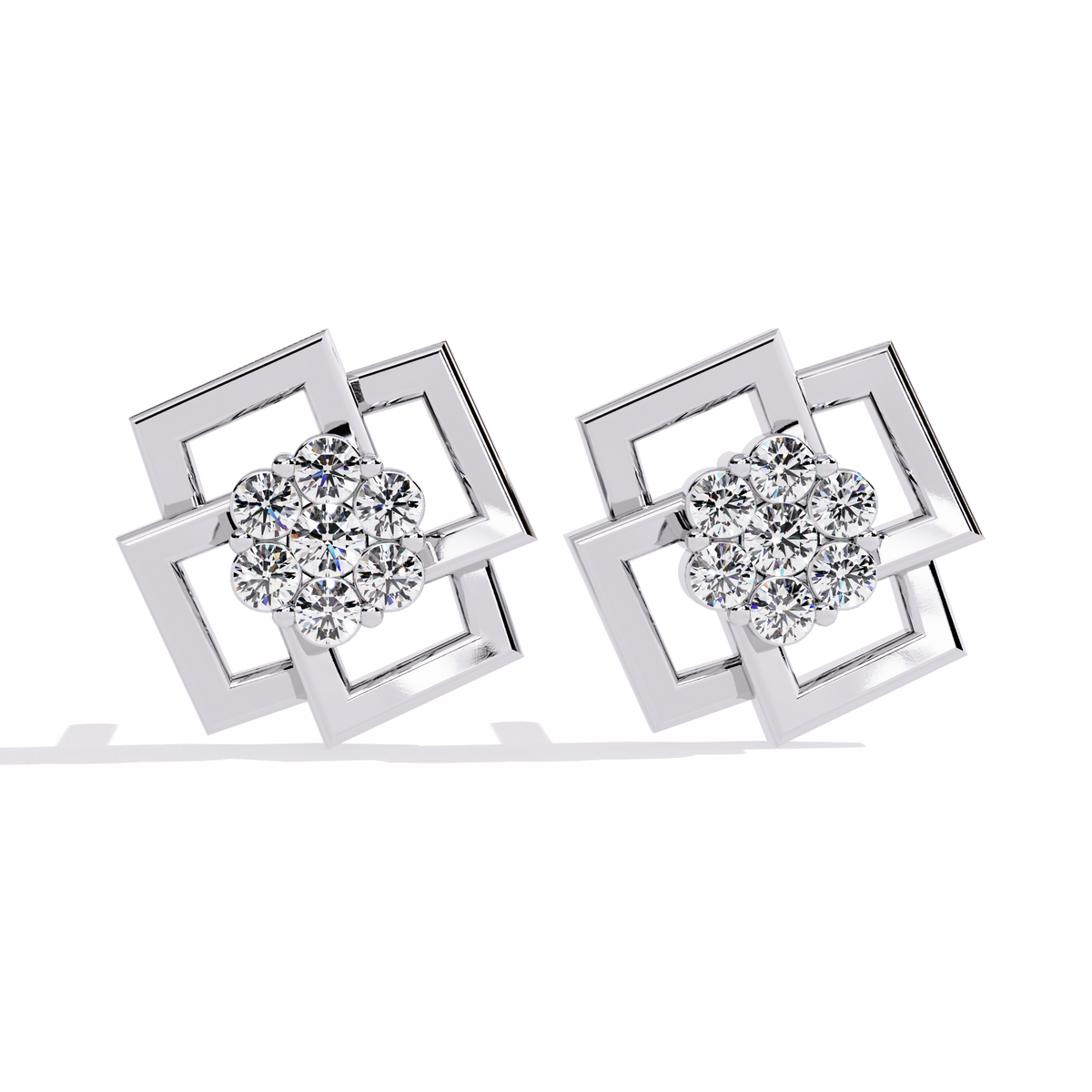 Geometric Square Motif Round Moissanite Diamond Earrings with Brilliant Center Cluster Design - View 3