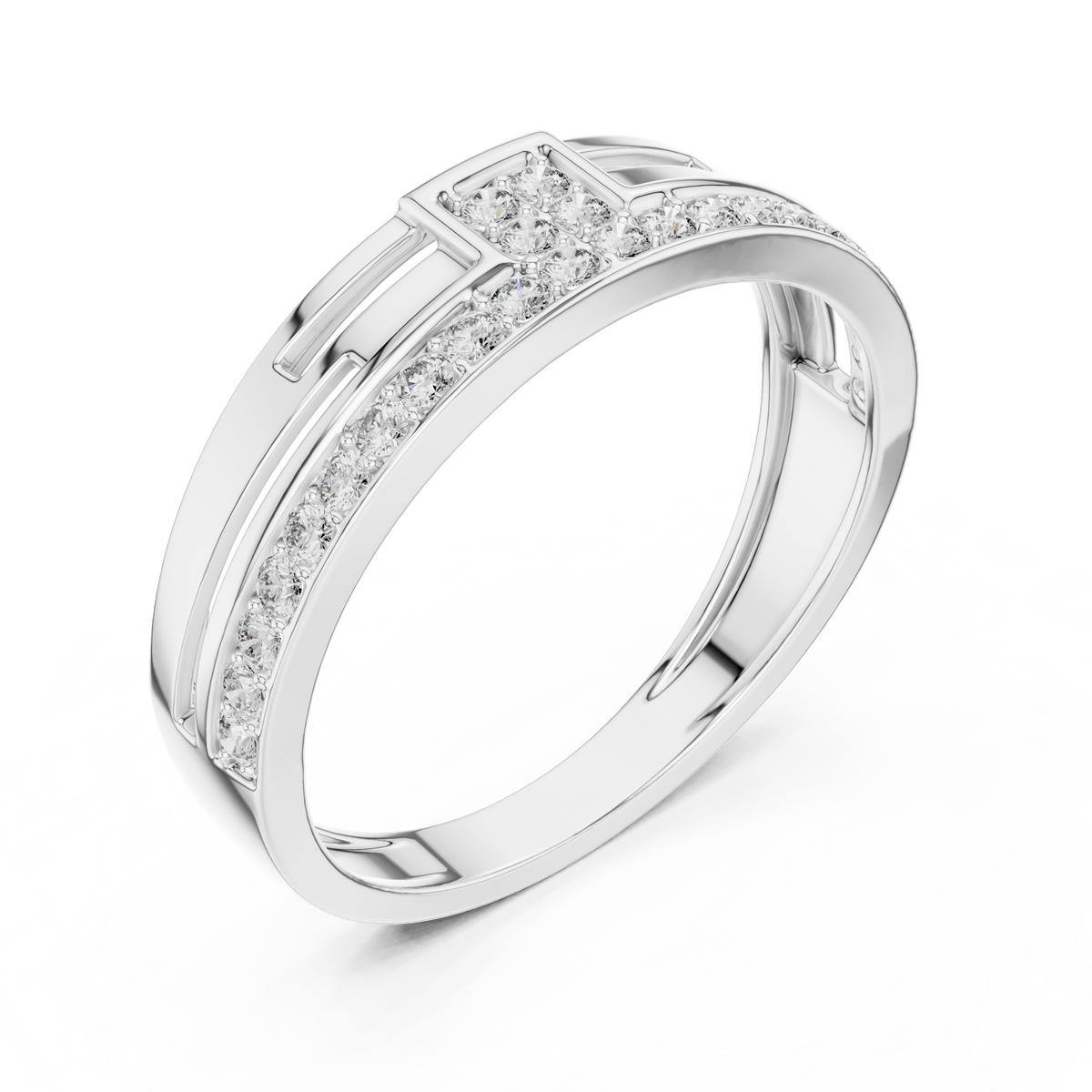 Round Cut Lab Grown Diamond Men's Square Cluster Pave Border Gold Band - View 6