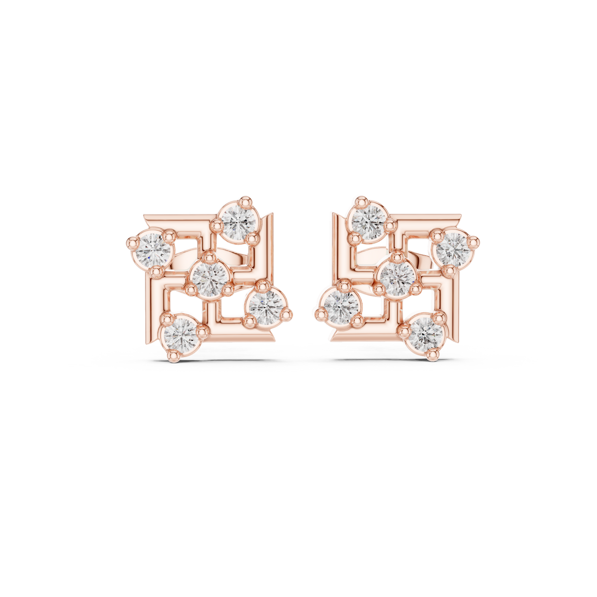 Iconic Grid Aura Round Moissanite Diamond Set Stud Earrings with Contemporary Architectural Motif - View 2