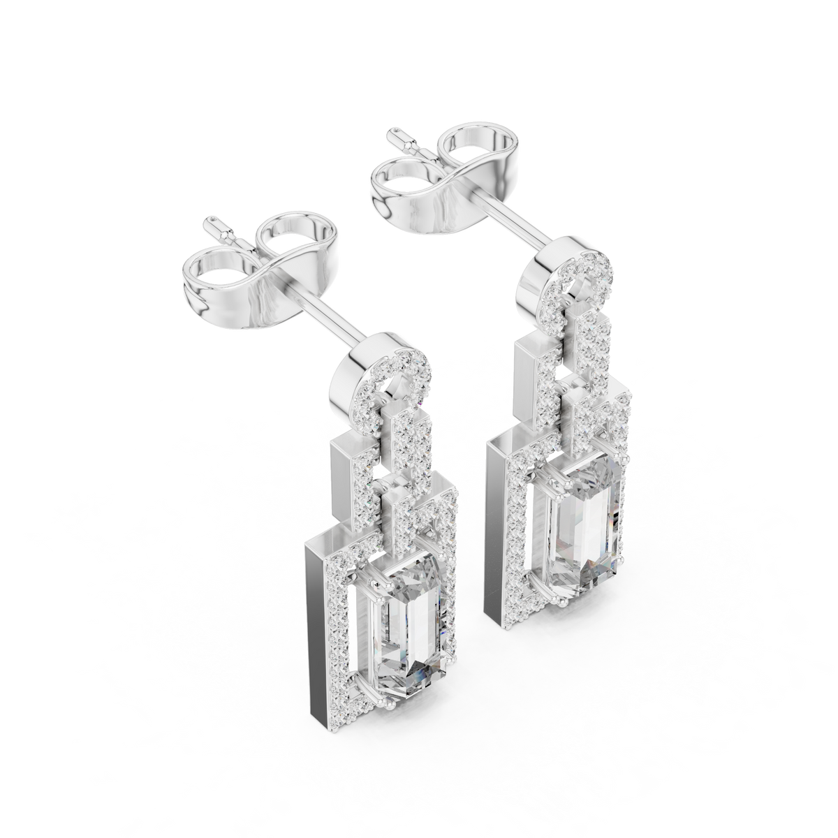 Art Deco Rectangular Halo Emerald Cut Moissanite Diamond Chandelier Drop Earring - View 6