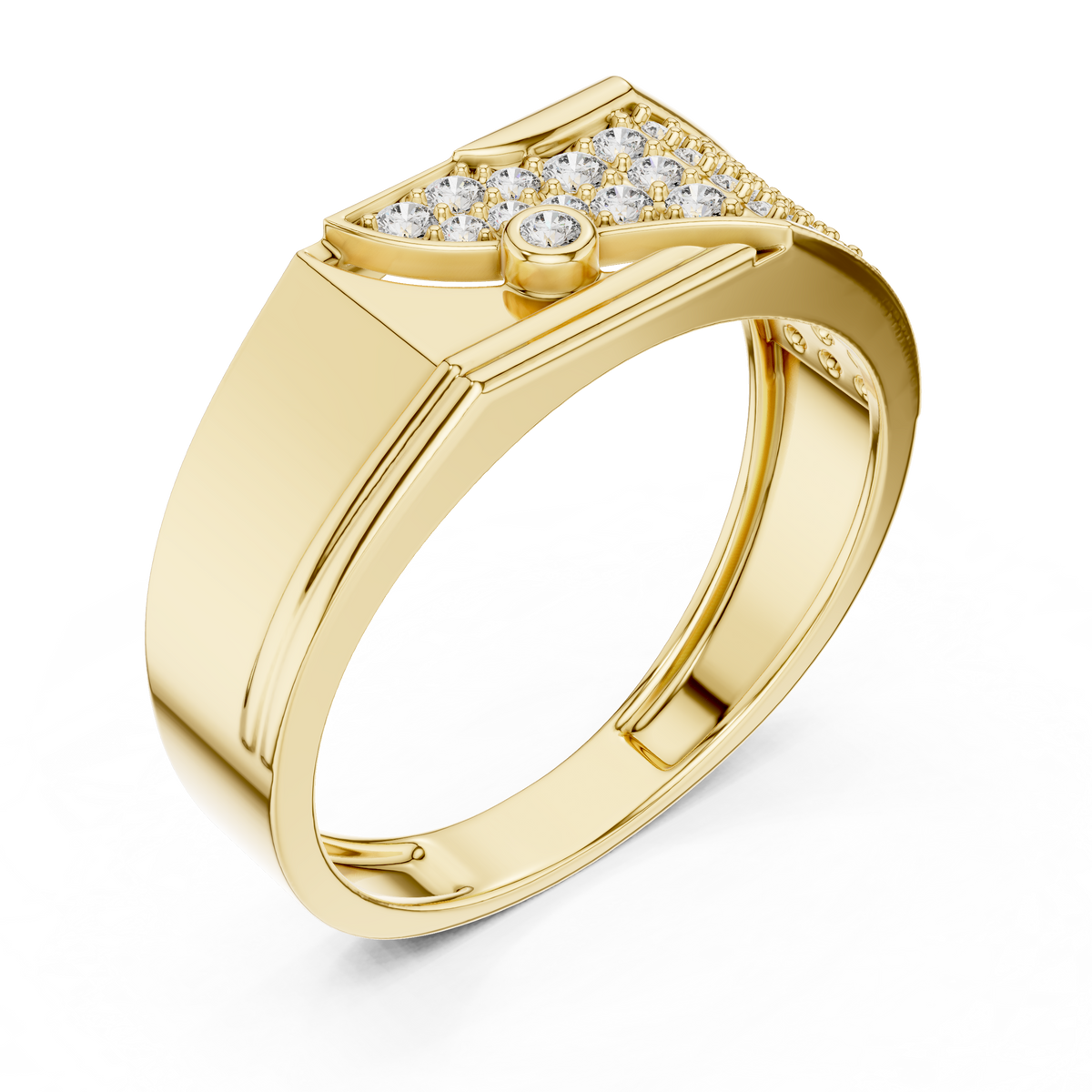 Round Cut Lab Grown Diamond Men's Asymmetric Curved Pave Gold Signet Ring - View 4
