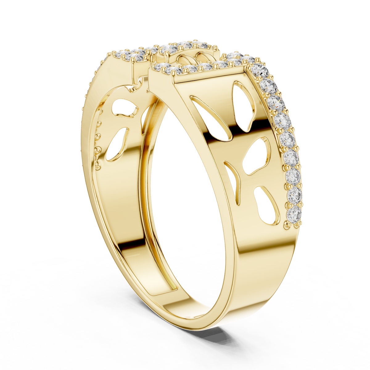 Round Cut Lab Grown Diamond Men's Openwork Floating Bridge Gold Band - View 7