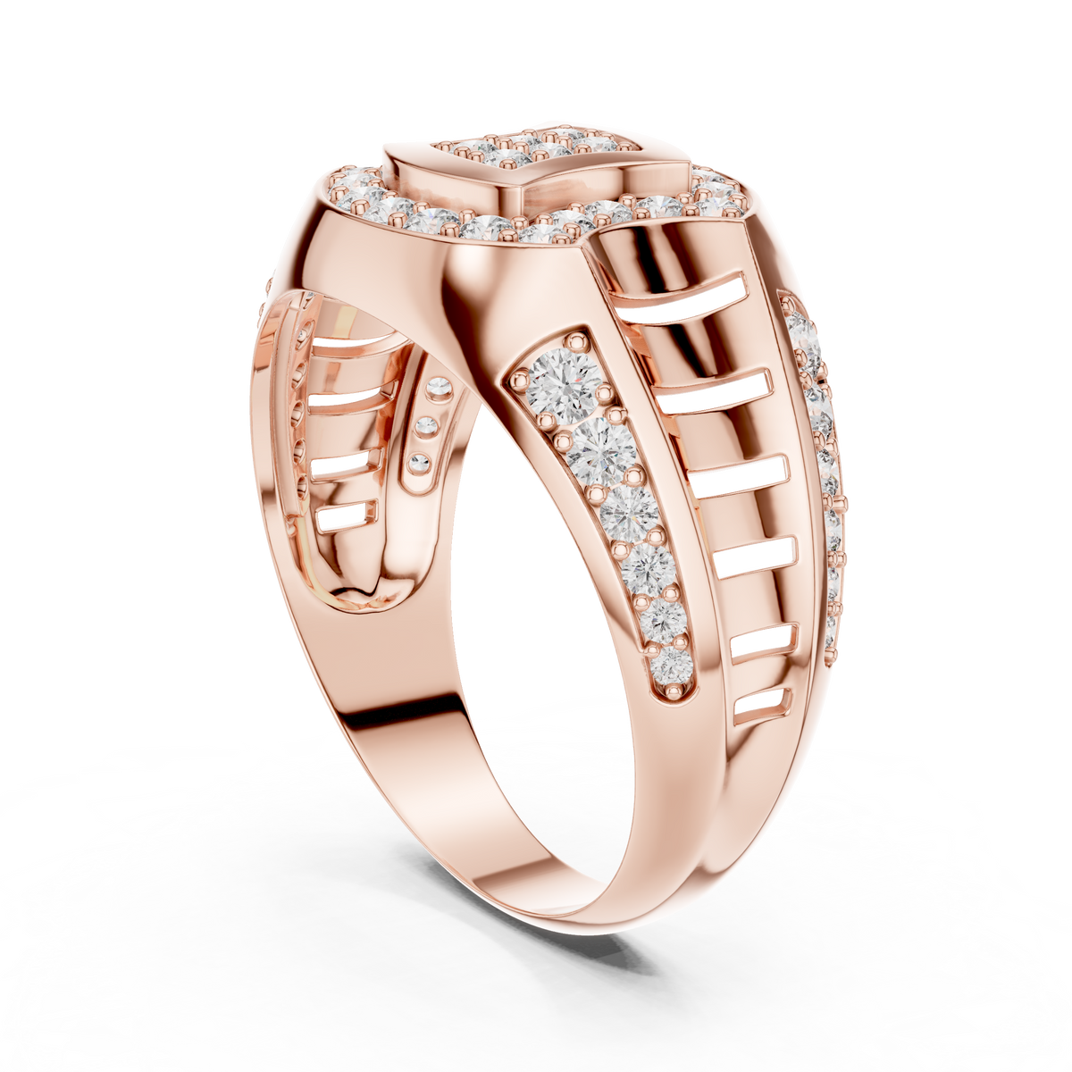 Round Cut Lab Grown Diamond Men's Geometric Double Pave Crest Engagement Ring - View 8
