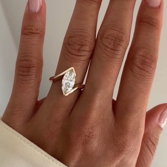 Marquise Moissanite Diamond Solitaire Bypass Half Bezel Promise Ring - View 2