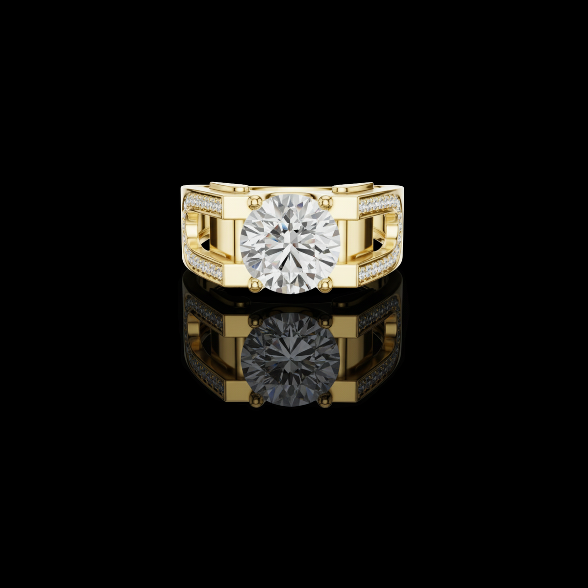 Round Cut Moissanite Diamond Men's Large Solitaire Gold Signet Ring