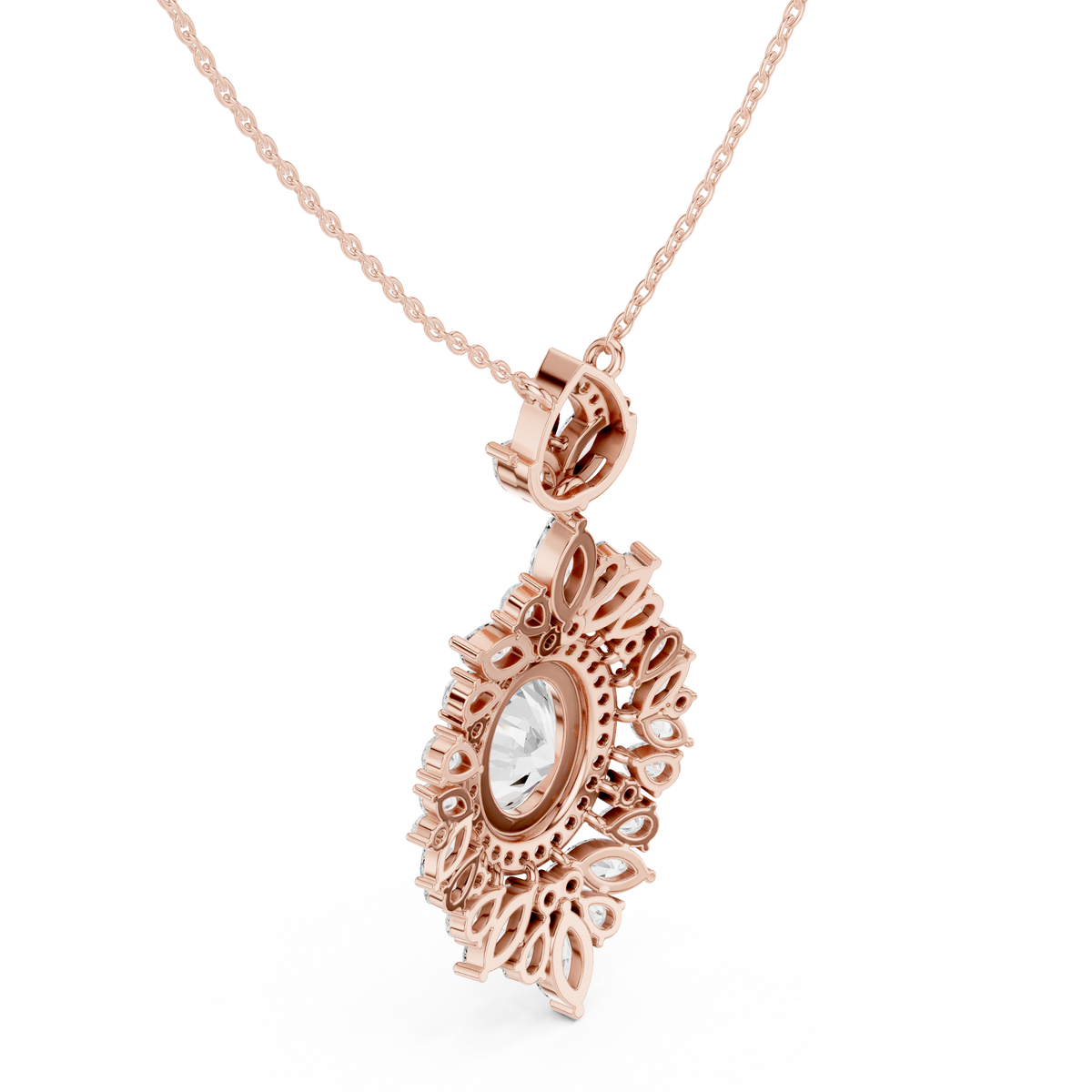 Intricate Oval Moissanite Diamond Marquise Sunburst Halo Pendant - View 8