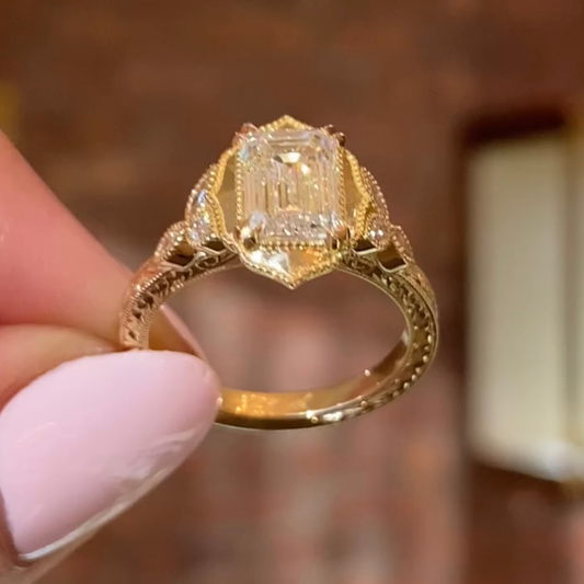 Vintage Art Deco Emerald Cut Lab Diamond Engagement Ring - View 2