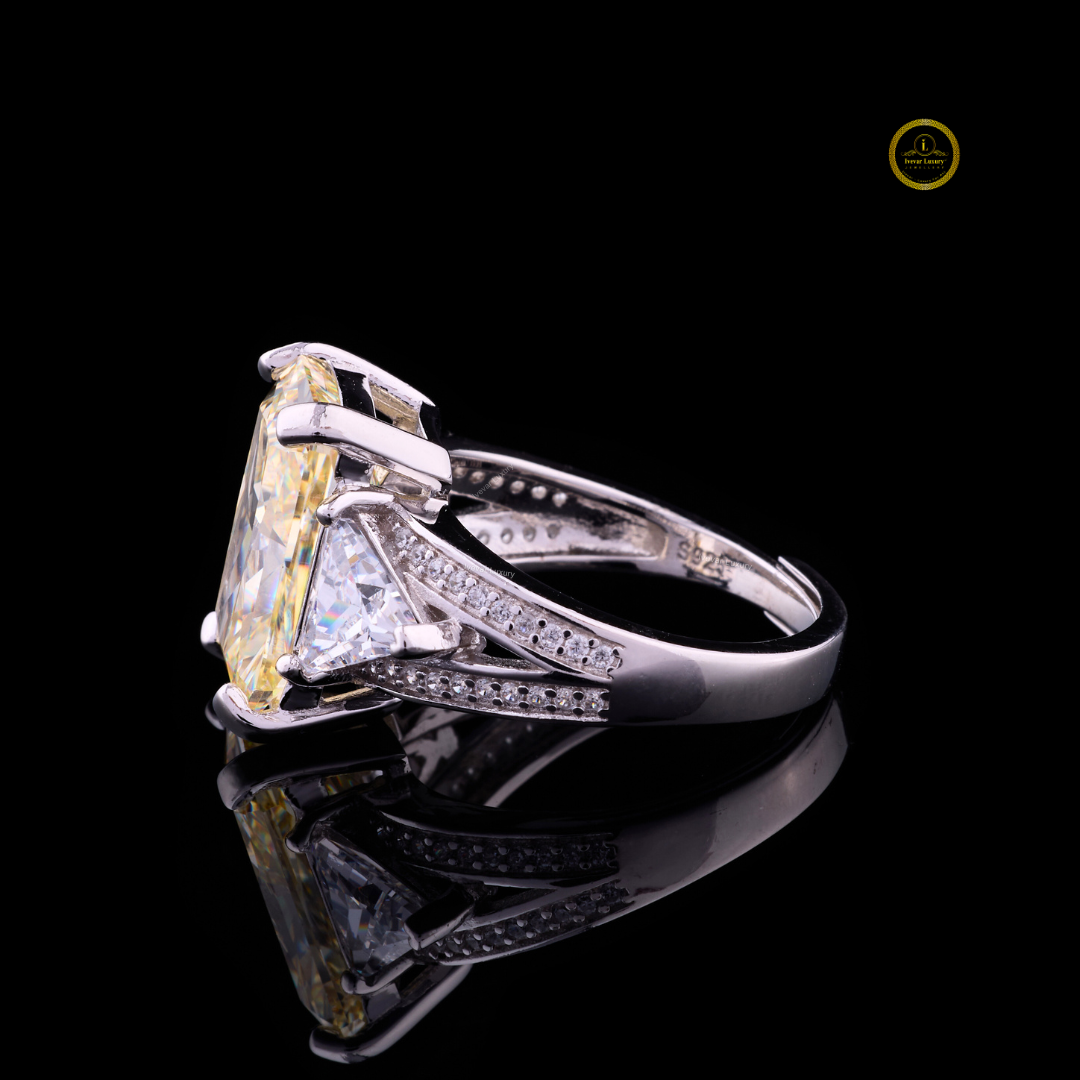 Fancy Intense Yellow Radiant Moissanite Diamond Ring With Trillion Cut Side Diamonds - View 3