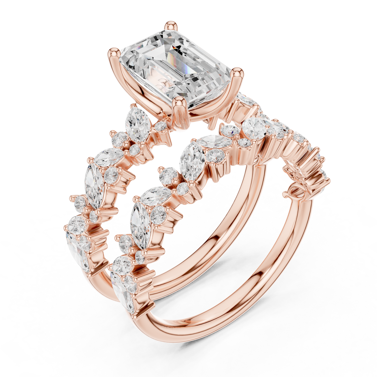 Emerald Cut Moissanite Diamond Women's Marquise Cluster Bridal Ring Set - View 5