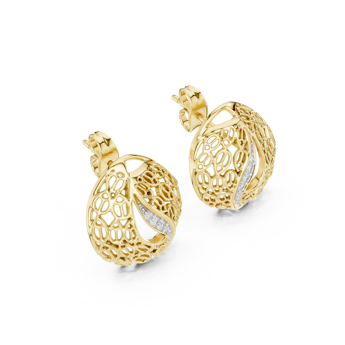 Artisan Filigree Wave Round Lab Diamond Stud Earrings with Curved Pave Accent - View 4