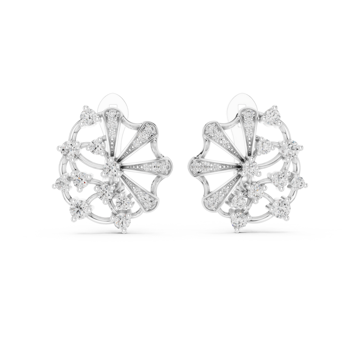 Floral Arc Round Moissanite Diamond Geometric Flared Wheel Cluster Earrings - View 3