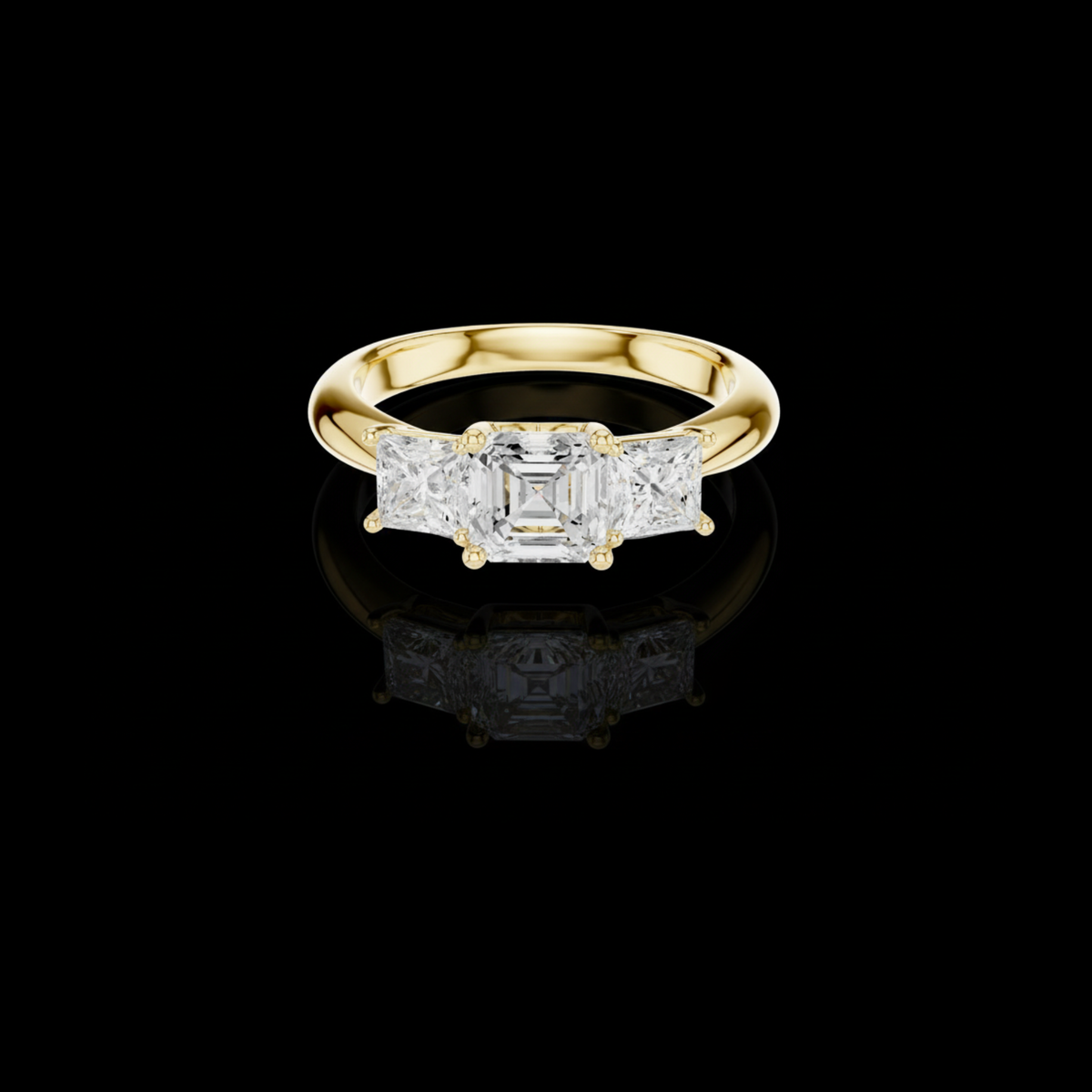 Asscher Moissanite Diamond Three Stone Ring With Princess Cut Side Stones