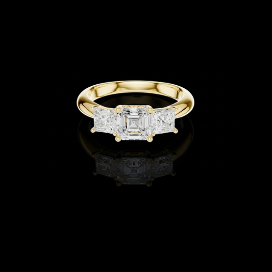 Asscher Moissanite Diamond Three Stone Ring With Princess Cut Side Stones
