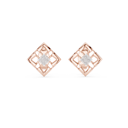 Architectural Geometric Lab Round Diamond Frame Stud Earrings with Floating Accents - View 2