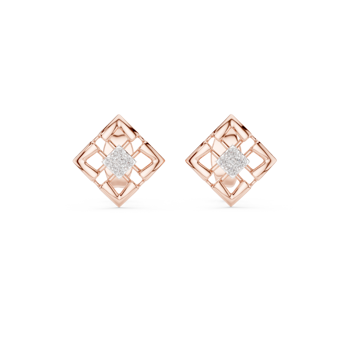 Architectural Geometric Moissanite Round Diamond Frame Stud Earrings with Floating Accents - View 2
